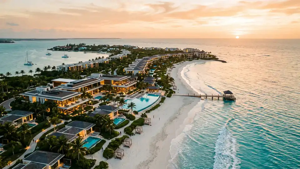 Resort caribeño de lujo al atardecer con tecnología de ahorro energético WattSaver